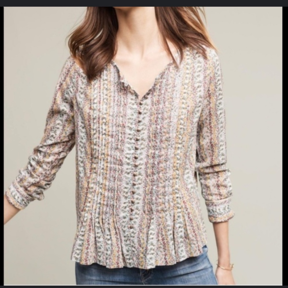 Anthropologie Maeve Gelise Pintuck Pleated blouse Cottagecore Floral, Size Small